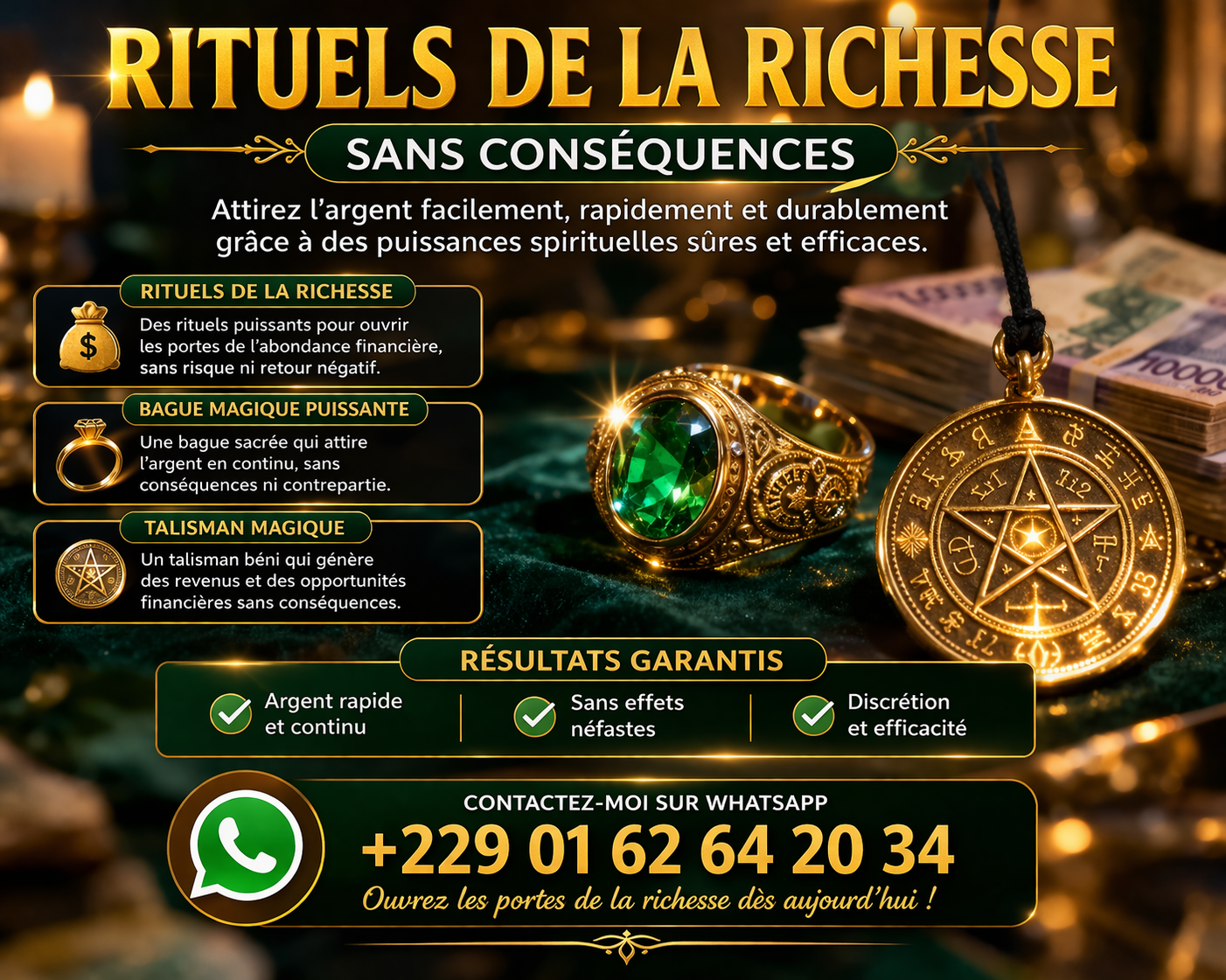 Pacte de richesse spirituelle : Bague magique et talisman puissant pour attirer l’argent et l’abondance rapidement